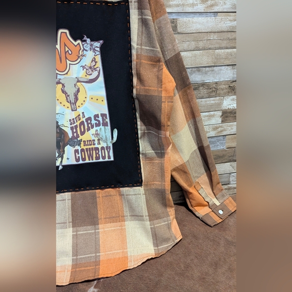 Coors Save A Horse Ride A Cowboy Upcycled Dip Dye Bleach Woven Button Down Shirt - Picture 8 of 15